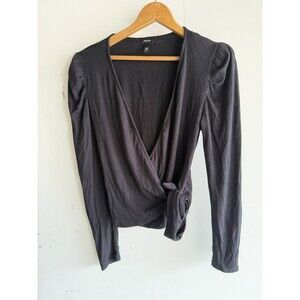 AQUA Black Wrap Blouse Womens XS Tie Waist Long Sleeve Top
